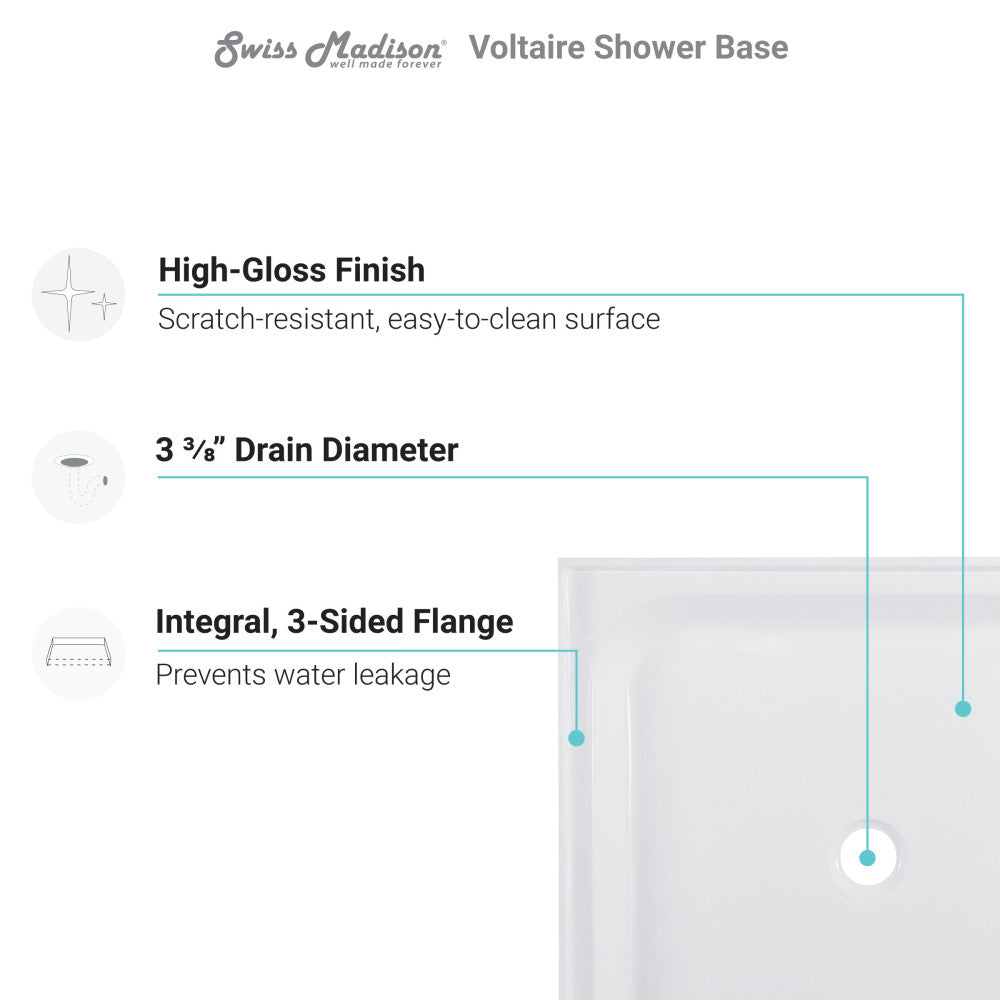Voltaire 60" x 30" Acrylic White, Single-Threshold, Center Drain, Shower Base