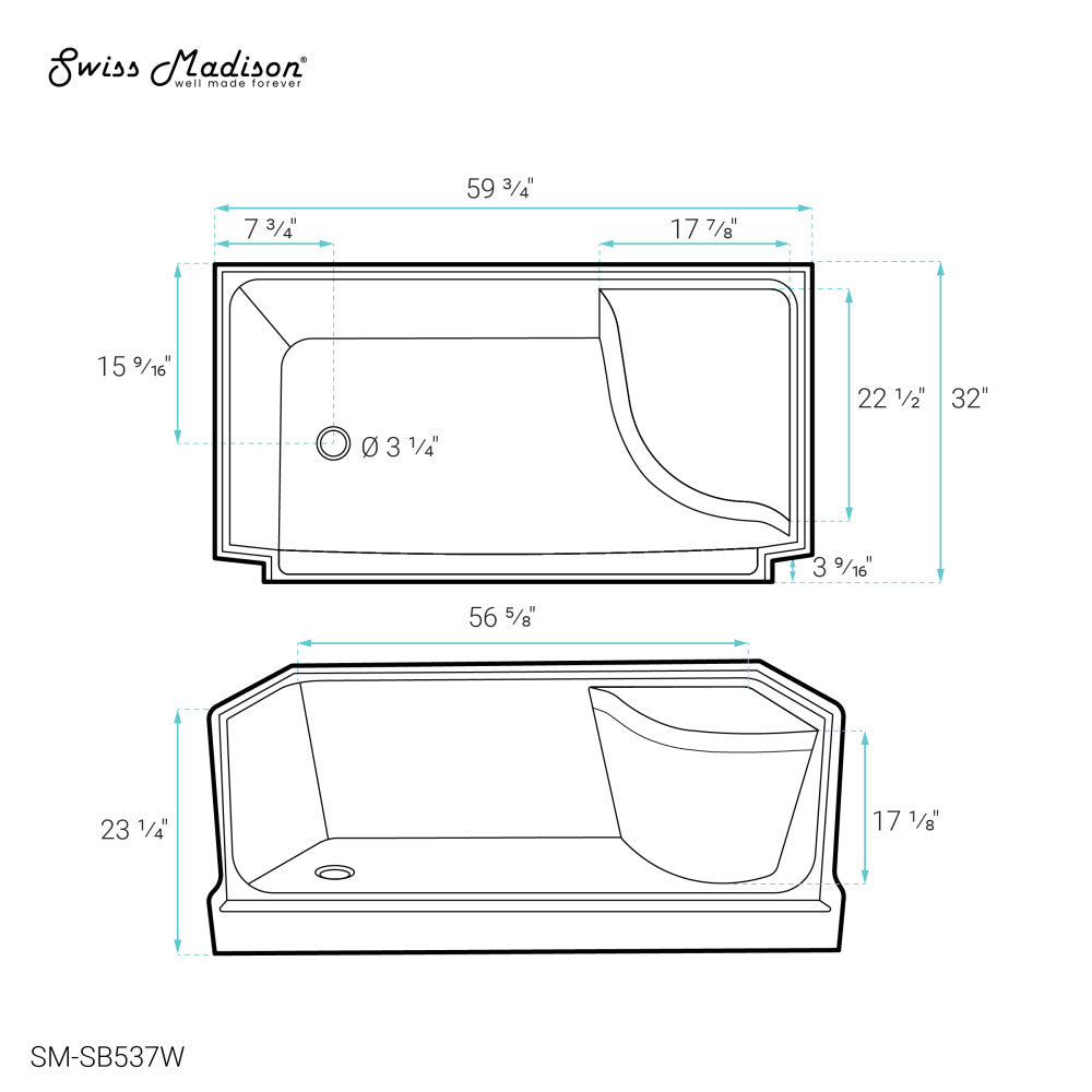 Aquatique 60" x 32" Single Threshold Shower Base With Left Hand Drain and Integral Right Hand Seat in White