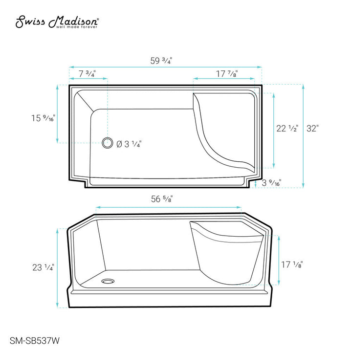 Aquatique 60" x 32" Single Threshold Shower Base With Left Hand Drain and Integral Right Hand Seat in White