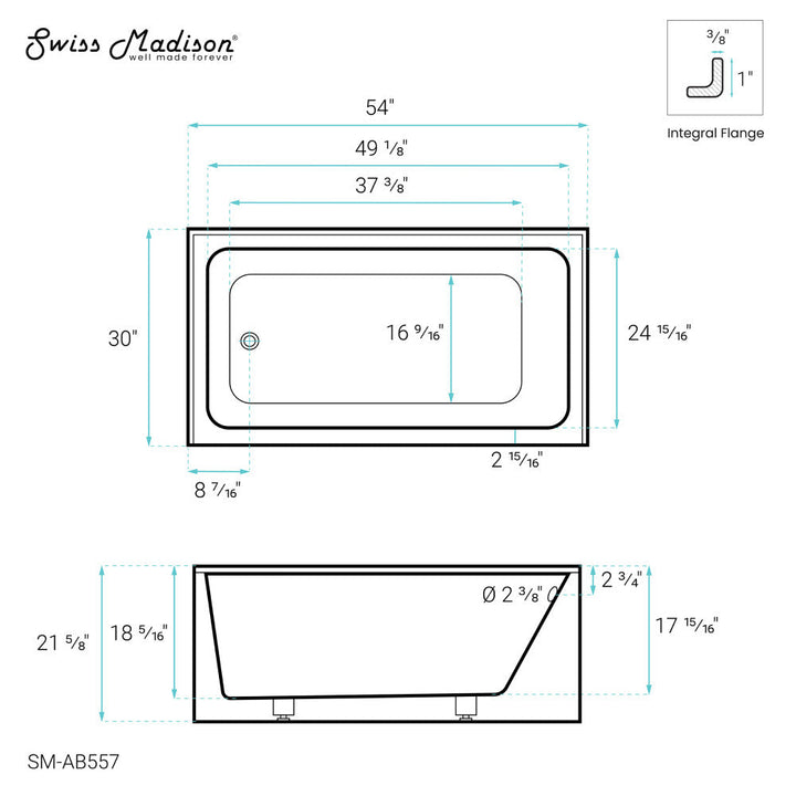 Voltaire 54" x 30" Left-Hand Drain Alcove Bathtub with Apron