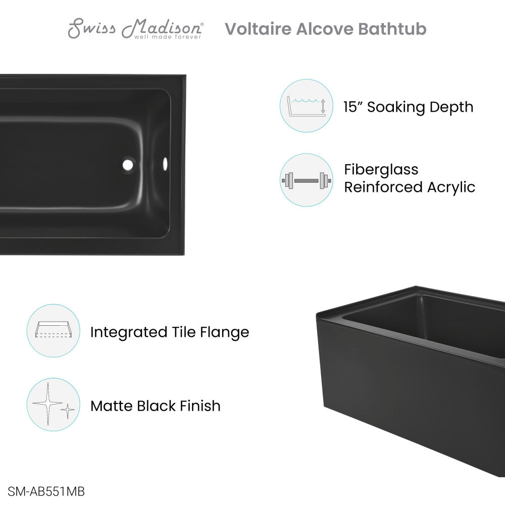 Voltaire 48" x 32" Right-Hand Drain Alcove Bathtub with Apron in Matte Black