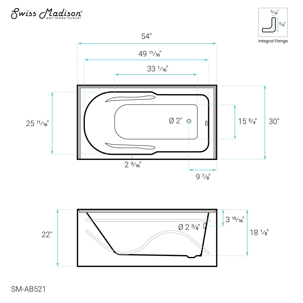 Ivy 54'' x 30" Bathtub with Apron Right Hand Drain in White