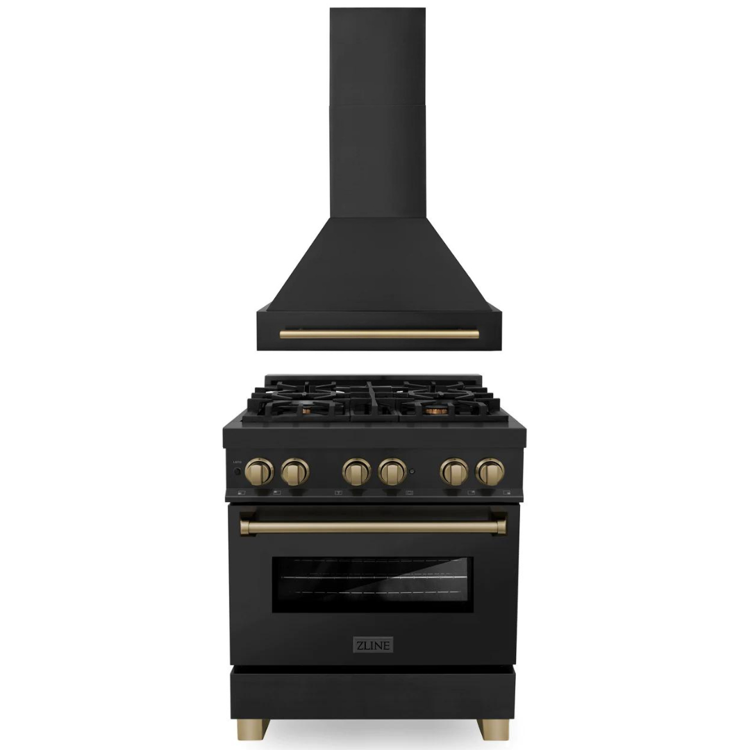 ZLINE Autograph Package - 30 In. Dual Fuel Range, Range Hood in Black Stainless Steel with Champagne Bronze Accents, 2AKP-RABRH30-CB