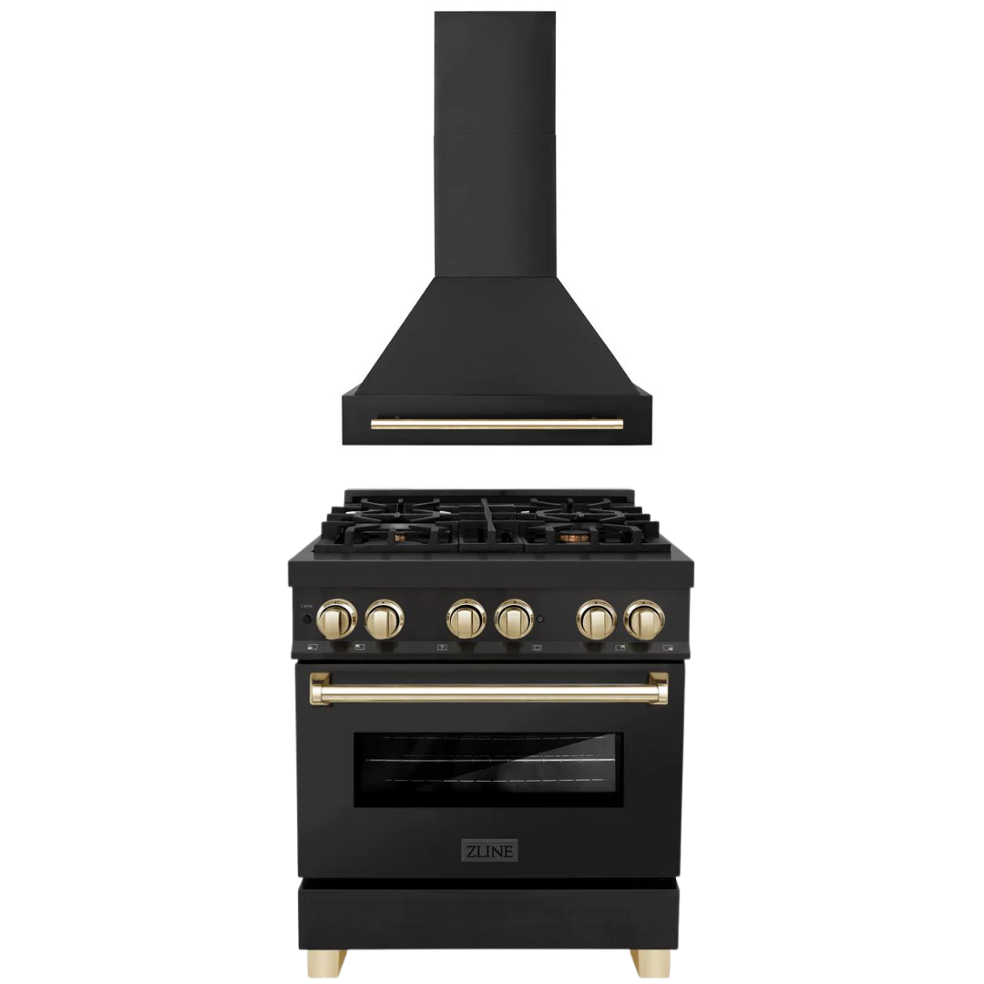 ZLINE Autograph Package - 30 In. Dual Fuel Range, Range Hood in Black Stainless Steel with Gold Accents, 2AKP-RABRH30-G