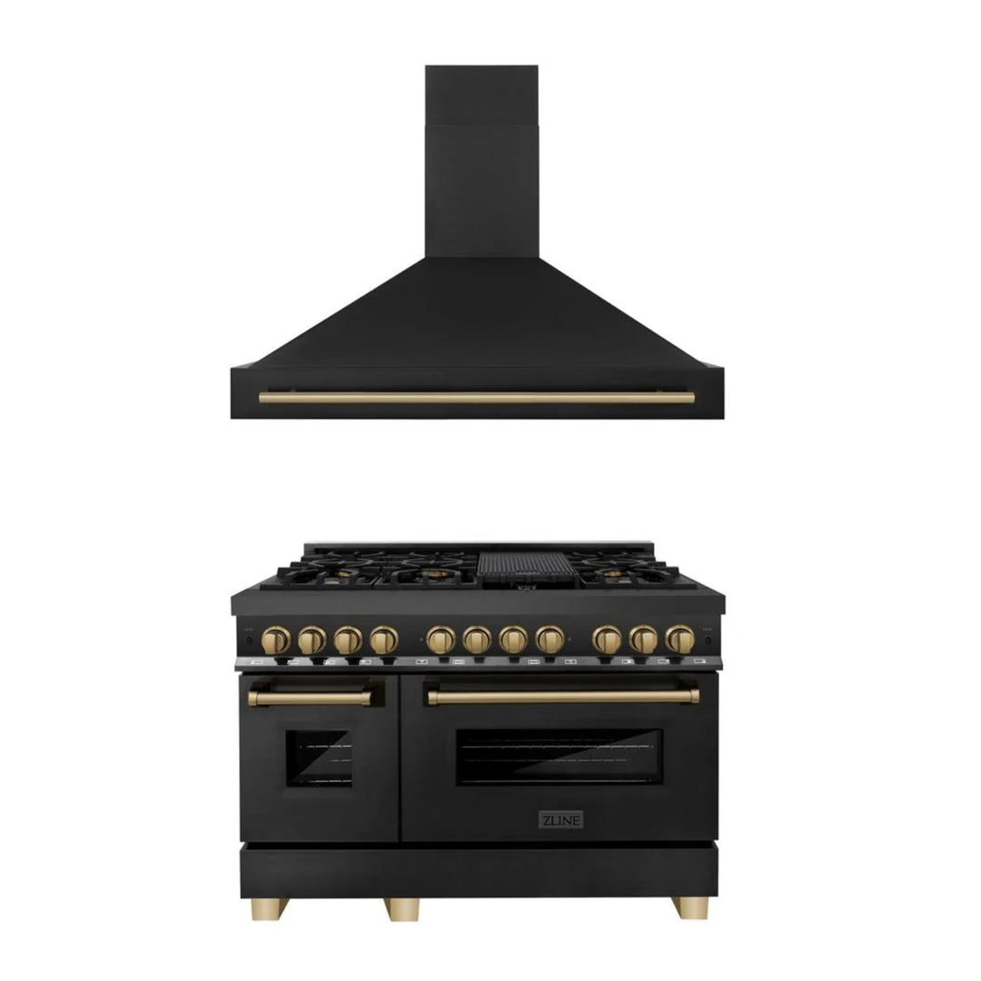 ZLINE Autograph Edition Dual Fuel Range and Range Hood Kitchen Packages with Champagne Bronze and Gold Accents