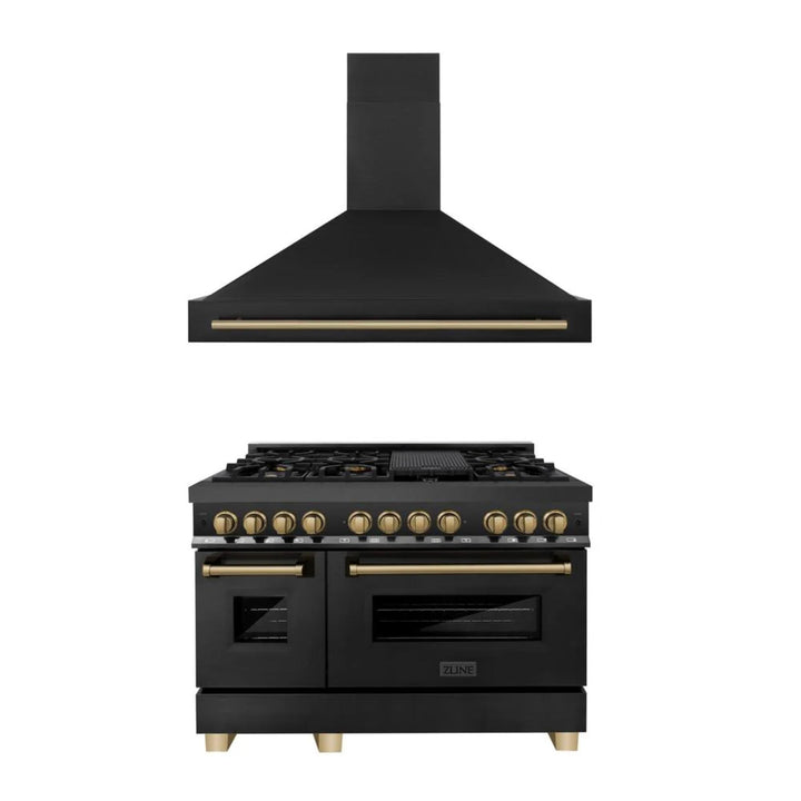 ZLINE Autograph Edition Dual Fuel Range and Range Hood Kitchen Packages with Champagne Bronze and Gold Accents