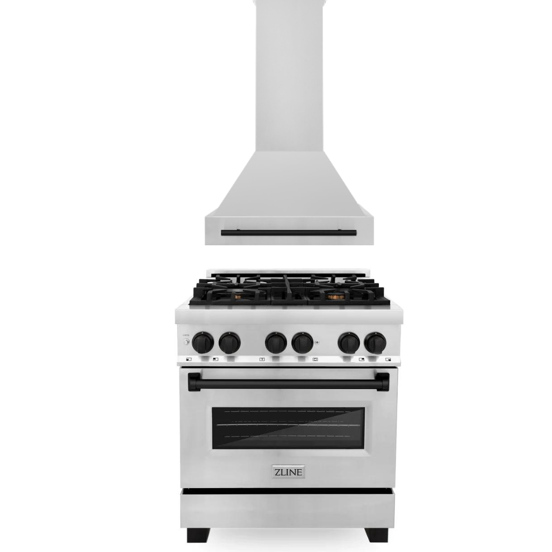 ZLINE Autograph Package - 30 In. Dual Fuel Range, Range Hood in Stainless Steel with Matte Black Accents, 2AKP-RARH30-MB