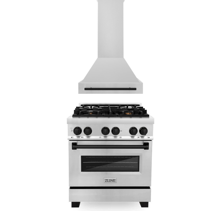 ZLINE Autograph Package - 30 In. Dual Fuel Range, Range Hood in Stainless Steel with Matte Black Accents, 2AKP-RARH30-MB