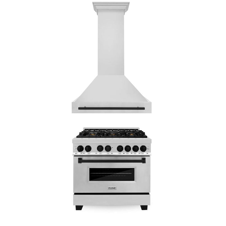 ZLINE Autograph Edition 36 in. Kitchen Package with Stainless Steel Dual Fuel Range and Range Hood with Matte Black Accents (2AKP-RARH36-MB)