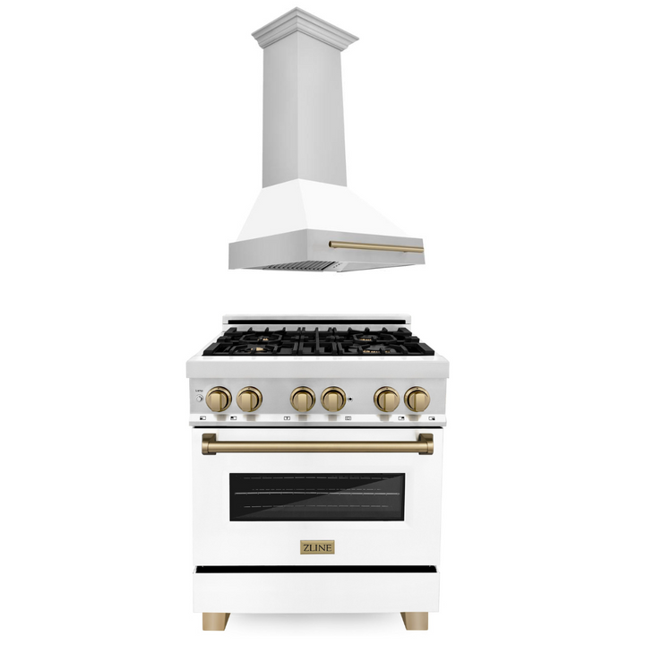 ZLINE Autograph Package - 30 In. Dual Fuel Range and Range Hood with White Matte Door and Bronze Accents, 2AKP-RAWMRH30-CB