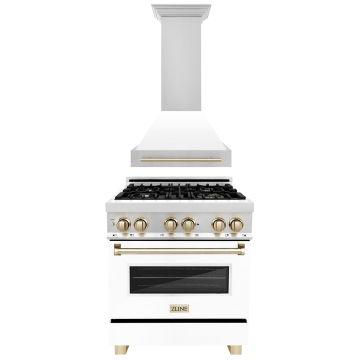 ZLINE Autograph Package - 30 In. Dual Fuel Range and Range Hood in Stainless Steel with White Matte Door and Gold Accents, 2AKP-RAWMRH30-G