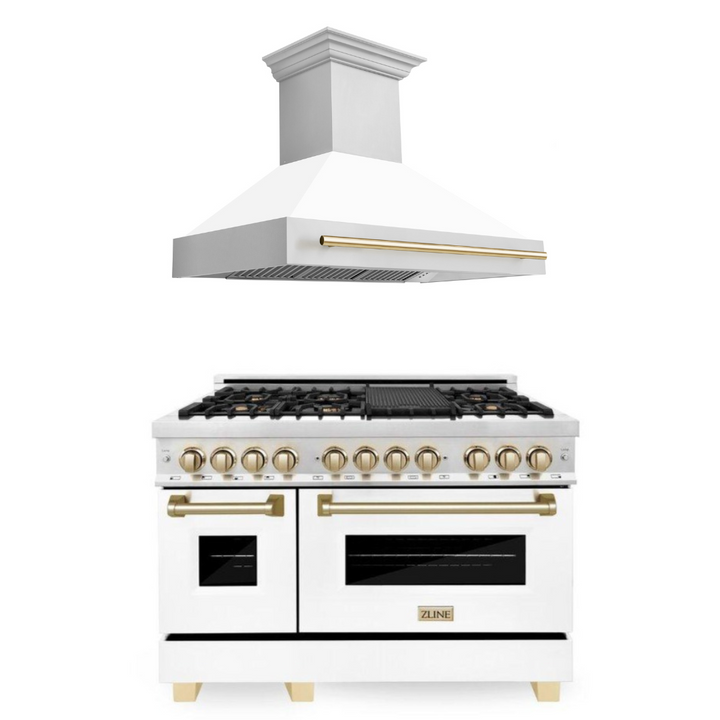 ZLINE Autograph Package - 48 In. Dual Fuel Range and Range Hood with White Matte Door and Gold Accents, 2AKP-RAWMRH48-G