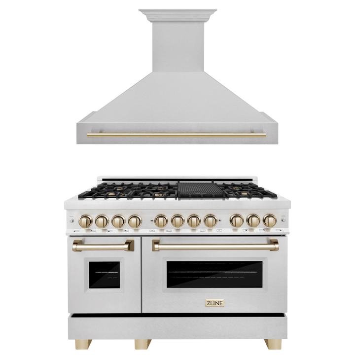 ZLINE Autograph Package - 48 In. Dual Fuel Range and Range Hood in DuraSnow® Stainless Steel with Gold Accents, 2AKPR-RASRH48-G