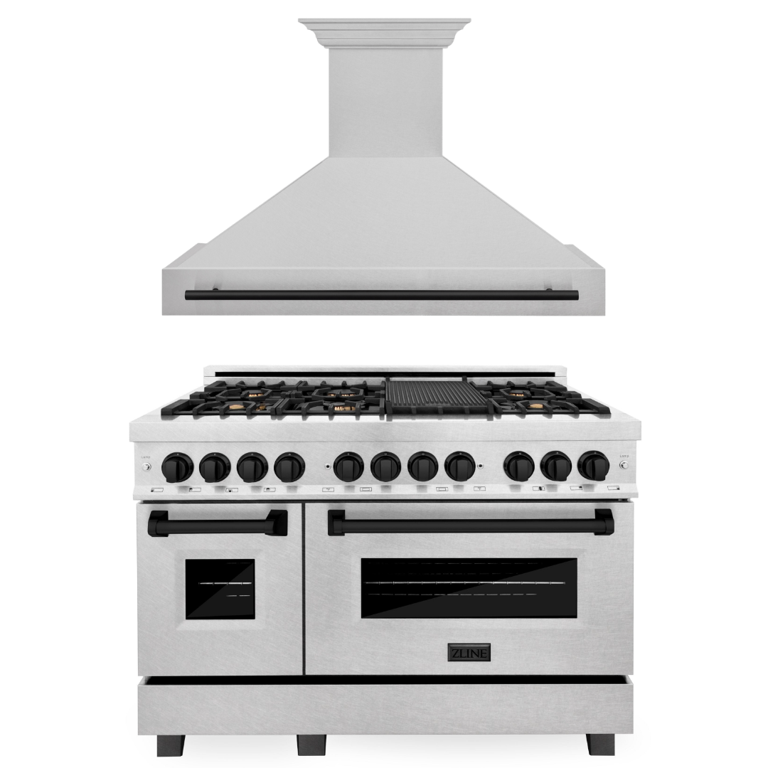 ZLINE Autograph Package - 48 In. Dual Fuel Range and Range Hood in DuraSnow® Stainless Steel with Matte Black Accents, 2AKPR-RASRH48-MB