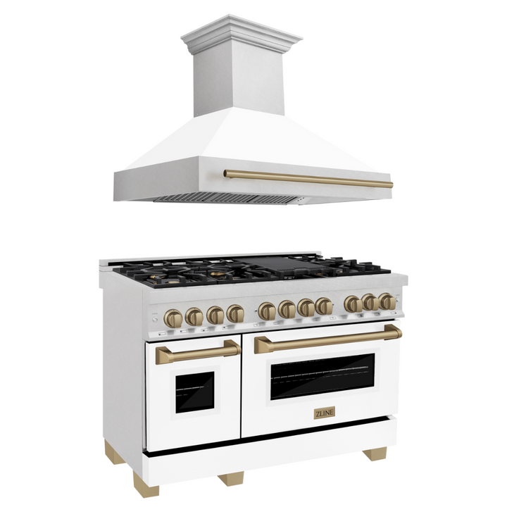 ZLINE Autograph Package - 48" Dual Fuel Range, Range Hood in DuraSnow® Stainless Steel, White Matte Door, Bronze Accents