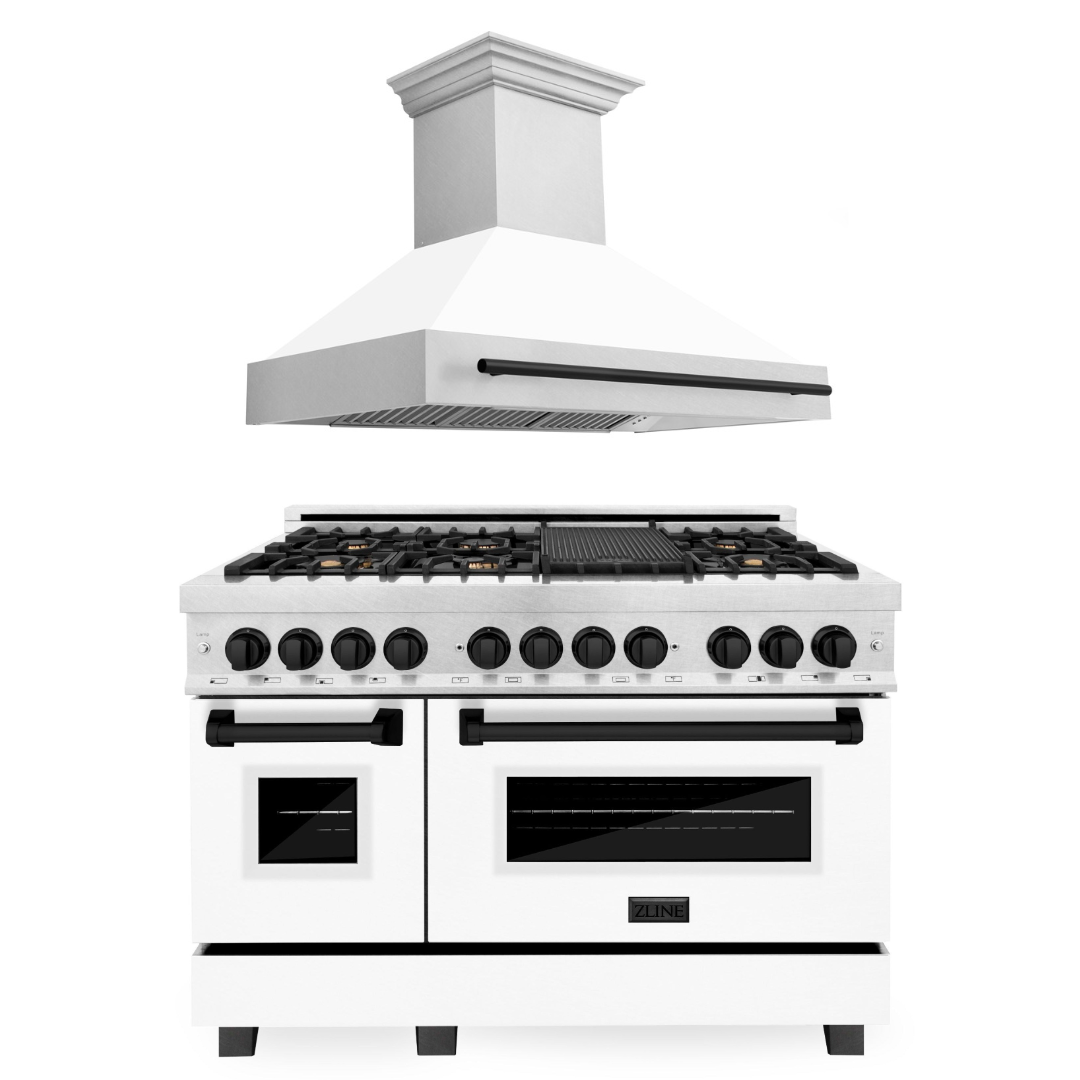 ZLINE Autograph Package - 48" Dual Fuel Range, Range Hood in DuraSnow® Stainless with White Matte Door, Matte Black Accents