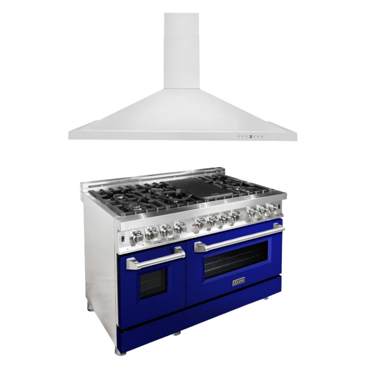 ZLINE 48 in. Dual Fuel Range with Blue Gloss Door & 48 in. Range Hood Appliance Package, 2KP-RABGRH48