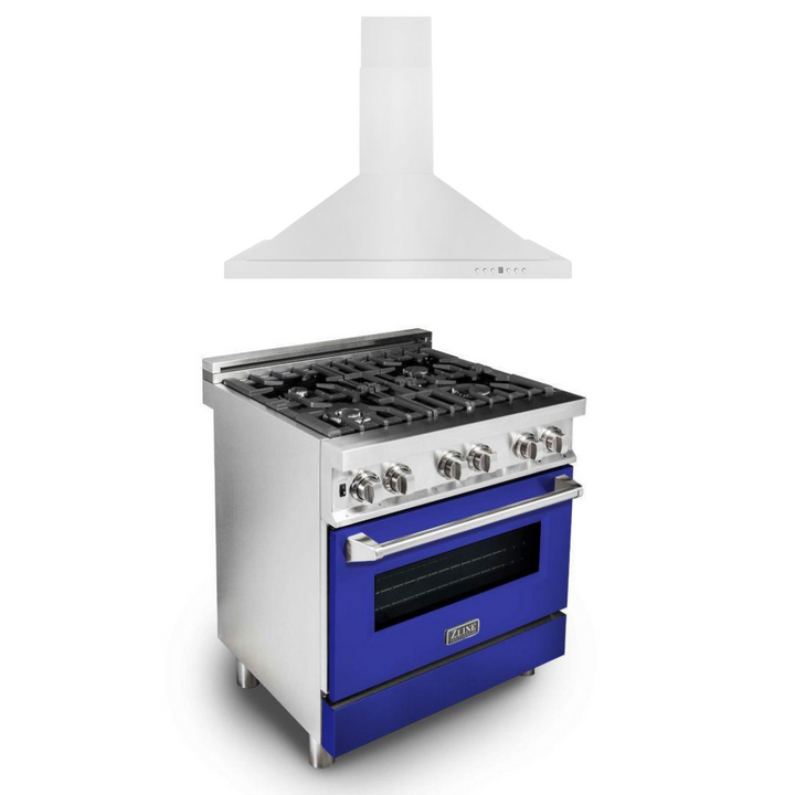 ZLINE 30 in. Dual Fuel Range with Blue Matte Door & 30 in. Range Hood Appliance Package, 2KP-RABMRH30