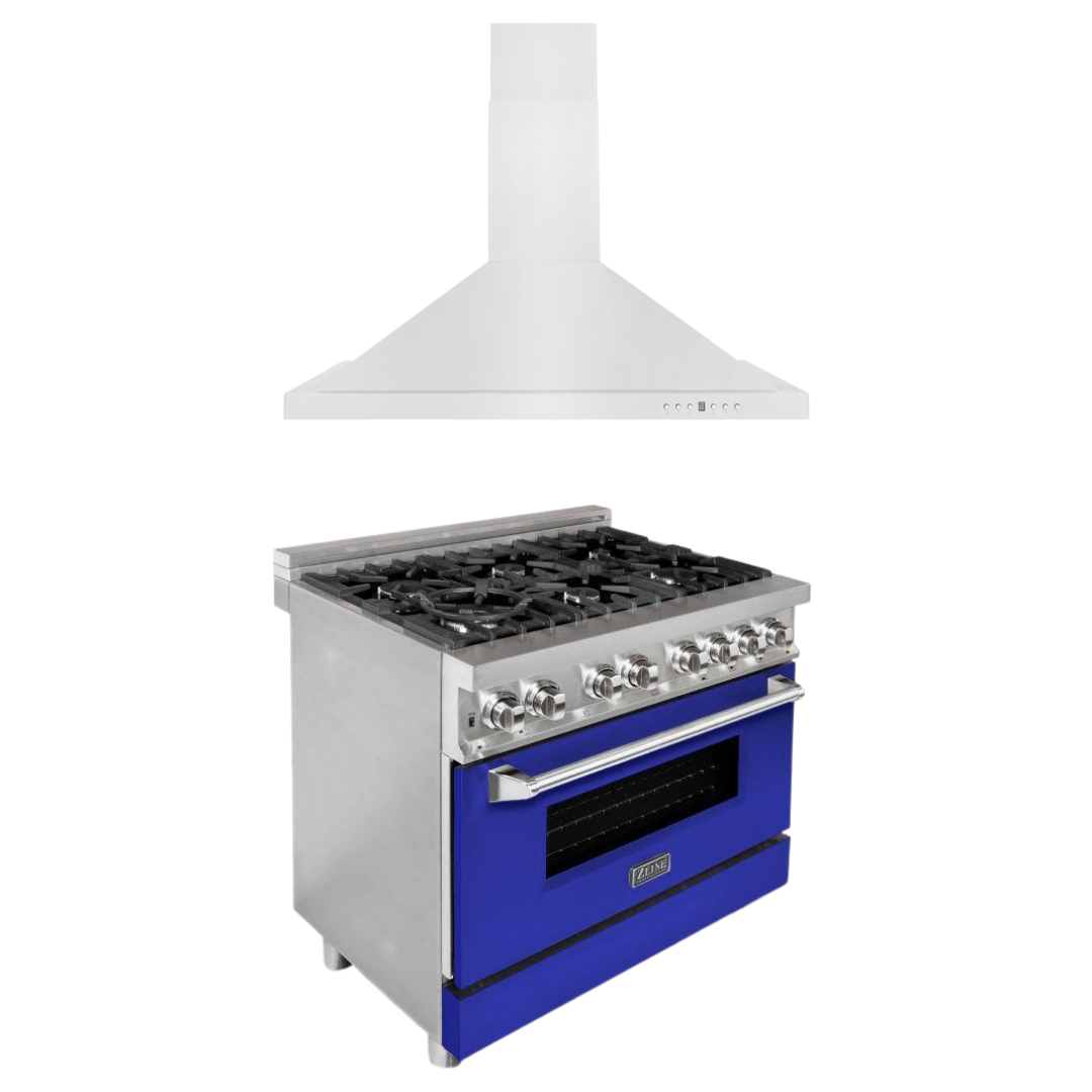 ZLINE Kitchen and Bath 36 in. Dual Fuel Range with Blue Matte Doors & 36 in. Range Hood Appliance Package, 2KP-RABMRH36