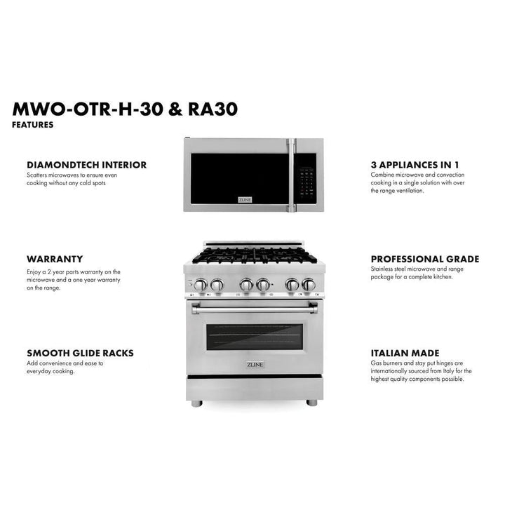 ZLINE 30 in. Kitchen Package Stainless Steel Dual Fuel Range and Over-the-Range Microwave with Traditional Handle (2KP-RAOTRH30)