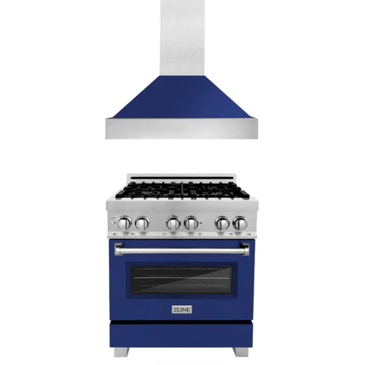 ZLINE 2-Piece Kitchen Package: Satin Stainless Steel Dual Fuel Range with Blue Gloss Door and Convertible Vent Range Hood