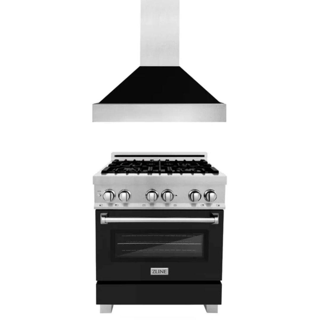 ZLINE 2-Piece Kitchen Package: 30", 36", and 48" DuraSnow® Stainless Steel Dual Fuel Range with Blue Matte Door and Convertible Vent Range Hood