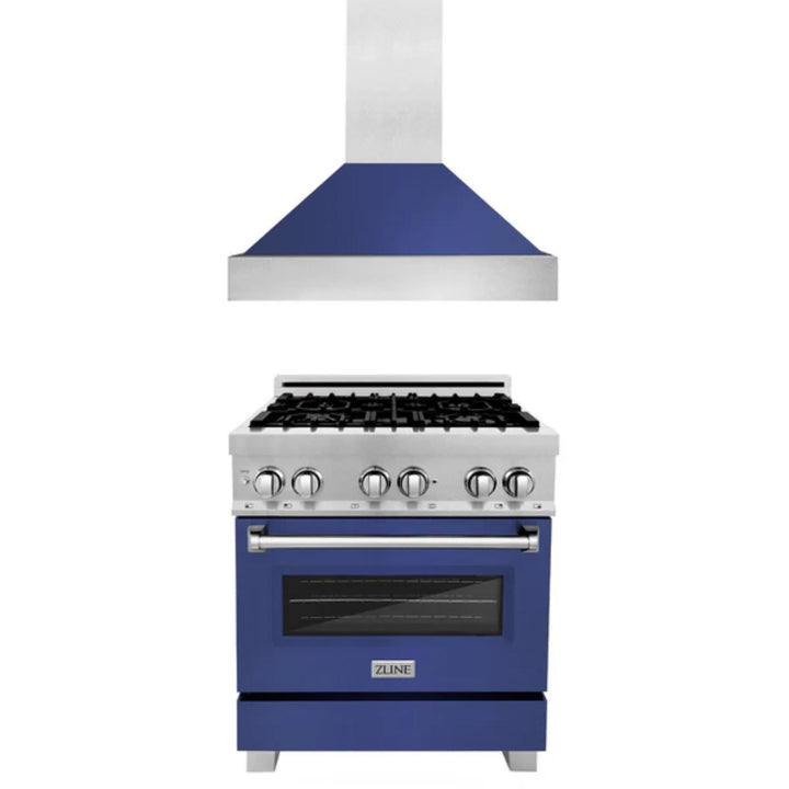 ZLINE 2-Piece Kitchen Package: Satin Stainless Steel Dual Fuel Range with Blue Matte Door and Convertible Vent Range Hood