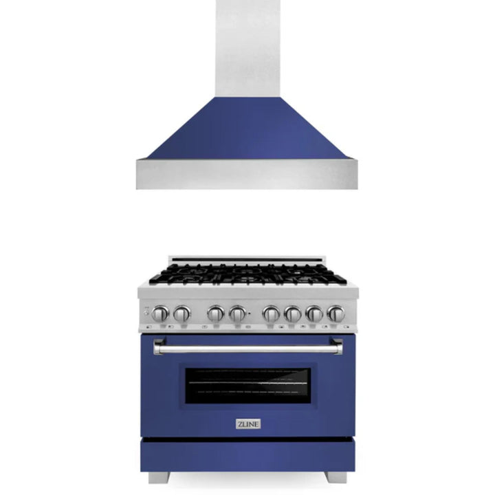 ZLINE 2-Piece Kitchen Package: Satin Stainless Steel Dual Fuel Range with Blue Matte Door and Convertible Vent Range Hood