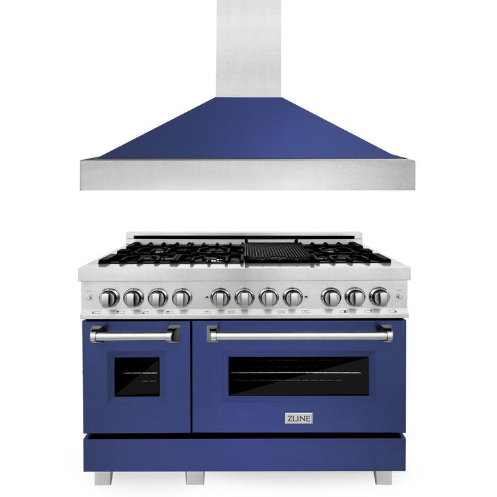 ZLINE 48 in. Kitchen Package with Satin Stainless Steel Dual Fuel Range with Blue Matte Door and Convertible Vent Range Hood (2KP-RASBMRH48)