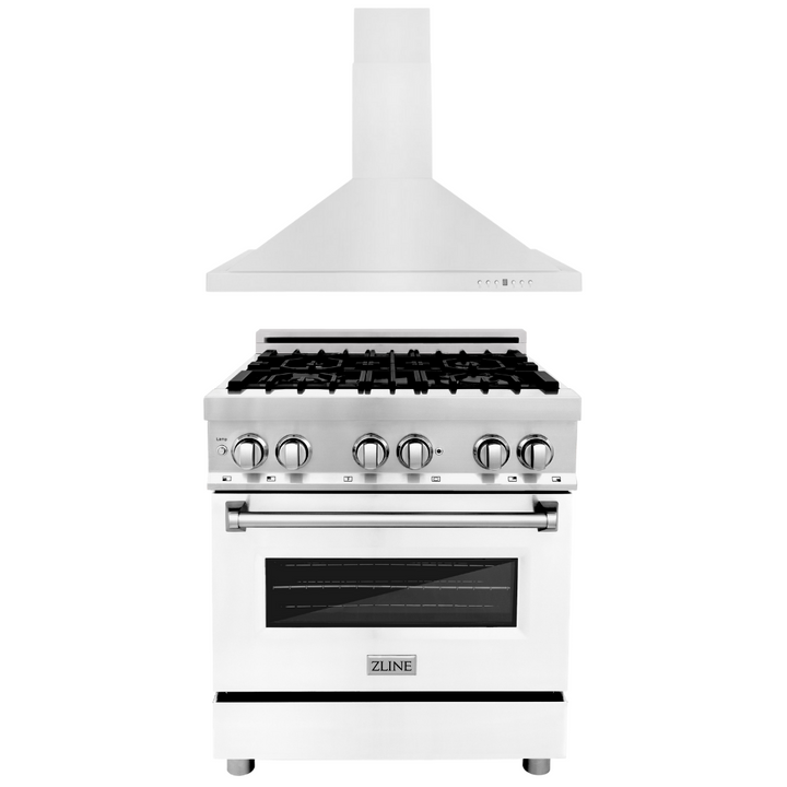 ZLINE Kitchen and Bath 30 in. Dual Fuel Range with White Matte Door & 30 in. Range Hood Appliance Package, 2KP-RAWMRH30