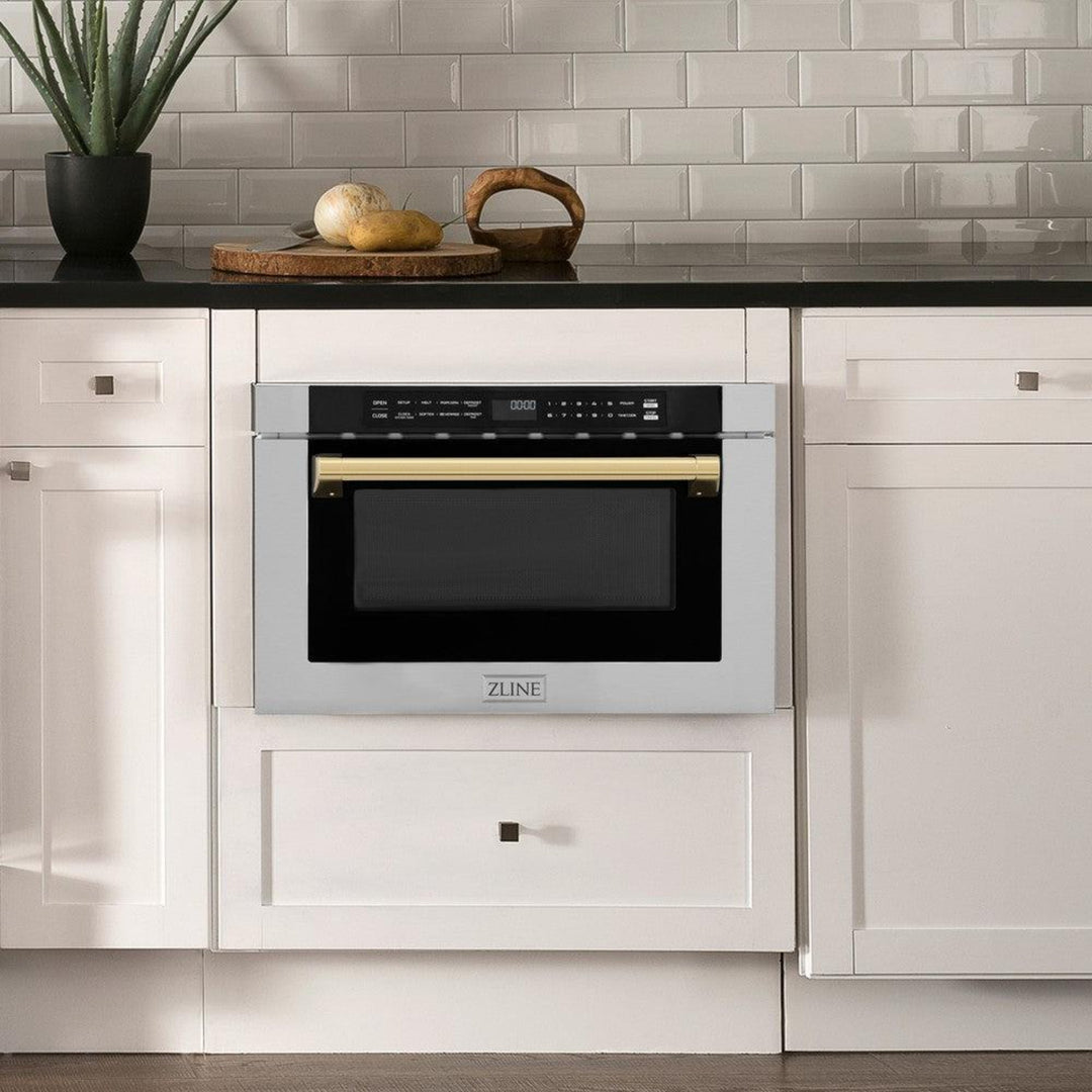 ZLINE 24" Autograph Edition Built-in Microwave Drawer with a Traditional Handle in Stainless Steel and Polished Gold Accents  1.2 cu. ft.