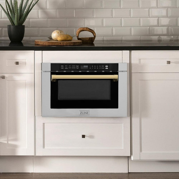 ZLINE 24" Autograph Edition Built-in Microwave Drawer with a Traditional Handle in Stainless Steel and Polished Gold Accents  1.2 cu. ft.