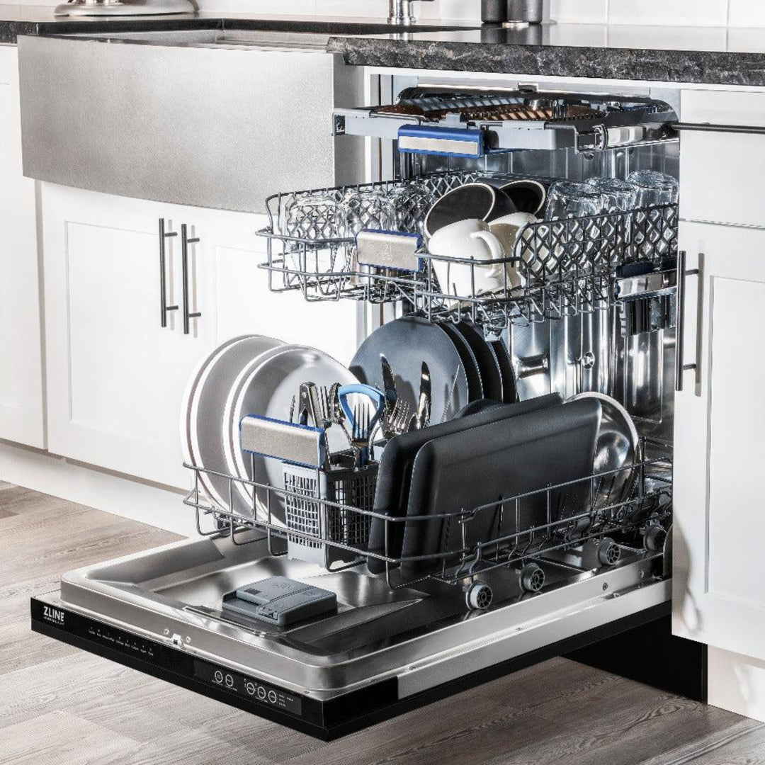 ZLINE  24" Autograph Edition 3rd Rack Top Control Tall Tub Dishwasher in Black Stainless Steel with Champagne Bronze Handle, 51dBa