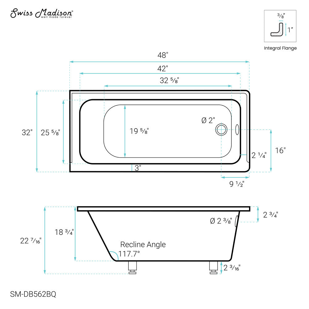 Voltaire 48" x 32" Right-Hand Drain Alcove Bathtub in Bisque