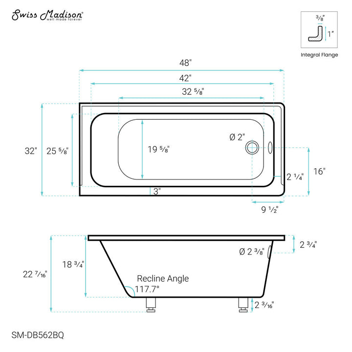 Voltaire 48" x 32" Right-Hand Drain Alcove Bathtub in Bisque