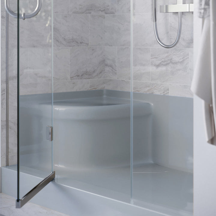 Aquatique 60" x 32" Single Threshold Shower Base With Right Hand Drain and Integral Left Hand Seat in Grey