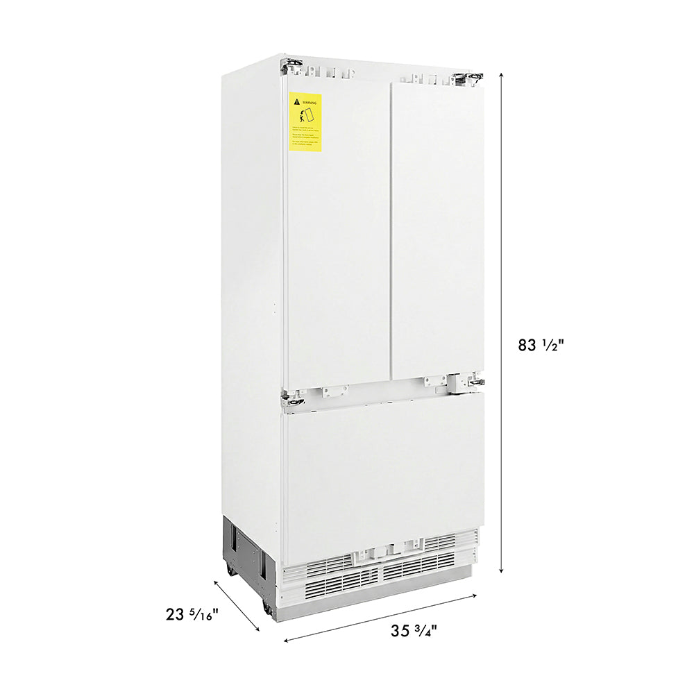 ZLINE 36 in. 19.6 cu. ft. Panel Ready French Door Built-In Bottom Freezer Refrigerator with Water Dispenser and Ice Maker, Open Box-Excellent Condition