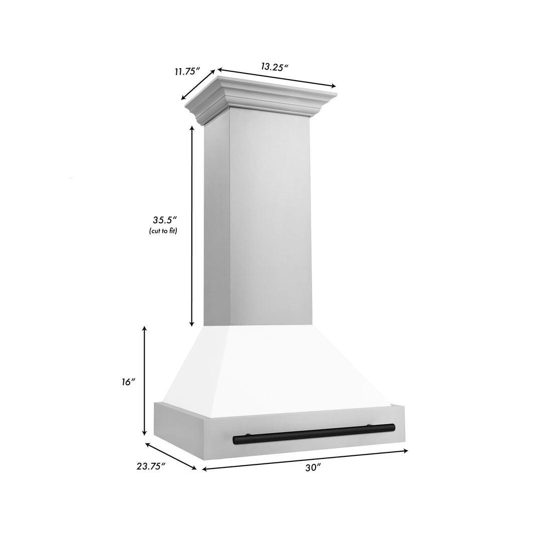 ZLINE 30 Inch Autograph Edition Stainless Steel Range Hood with White Matte Shell and Matte Black Handle, 8654STZ-WM30-MB