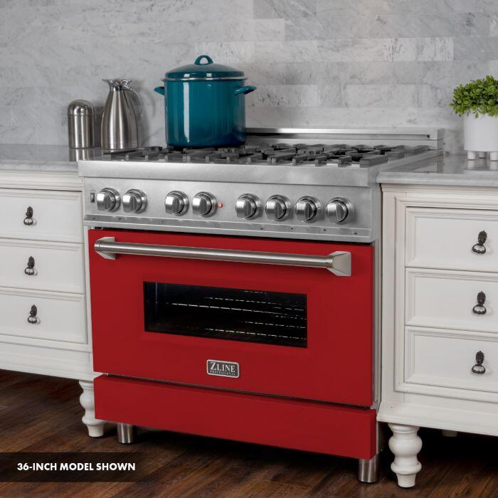 Professional Dual Fuel Range in Snow Stainless with Red Gloss Door (RAS-RG-30)  ZLINE 30 in.