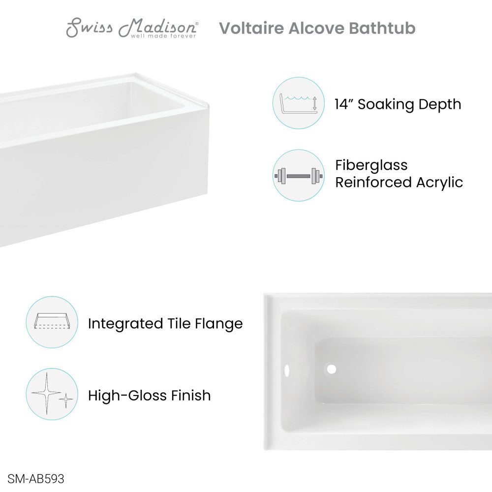 Voltaire 60" x 30" Left-Hand Drain Alcove Bathtub with Apron