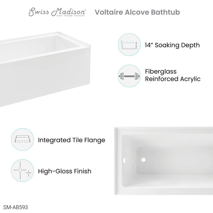 Voltaire 60" x 30" Left-Hand Drain Alcove Bathtub with Apron