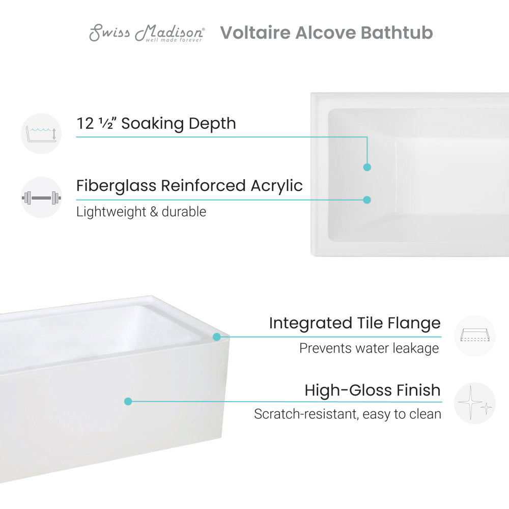 Voltaire 48" x 32" Right-Hand Drain Alcove Bathtub with Apron