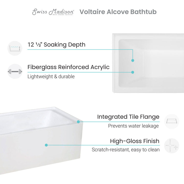 Voltaire 48" x 32" Right-Hand Drain Alcove Bathtub with Apron
