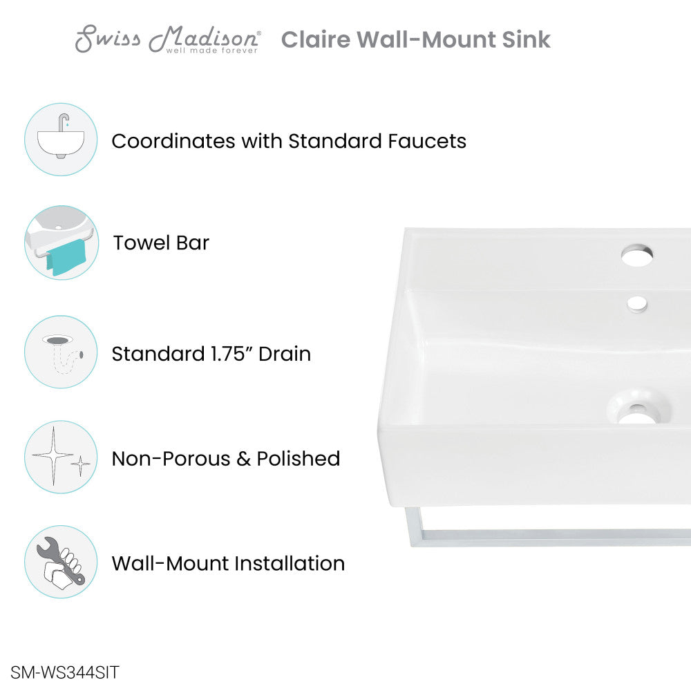 Claire 22" Wall-Mount Bathroom Sink with Silver Towel Bar
