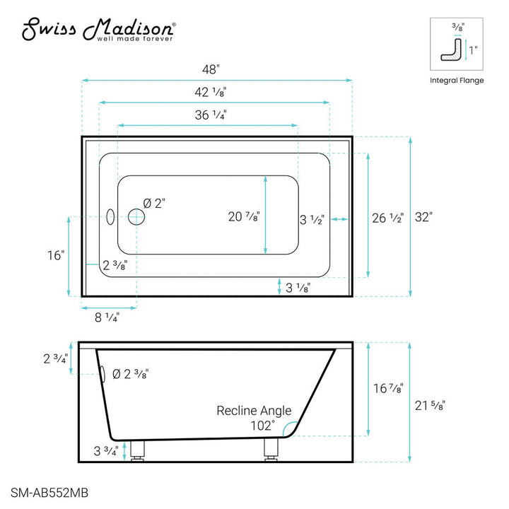 Voltaire 48" x 32" Left-Hand Drain Alcove Bathtub with Apron in Matte Black