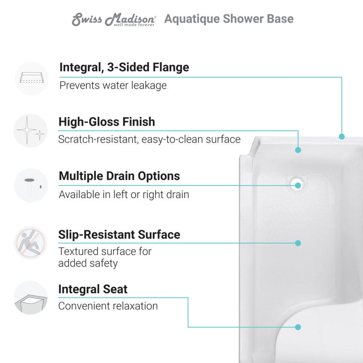 Aquatique 60" x 32" Single Threshold Shower Base With Left Hand Drain and Integral Right Hand Seat in White
