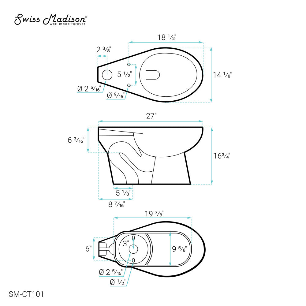 Sirene Floor-Mounted Comfort Height Commercial Elongated Top Flush Spud Flushometer Toilet Bowl