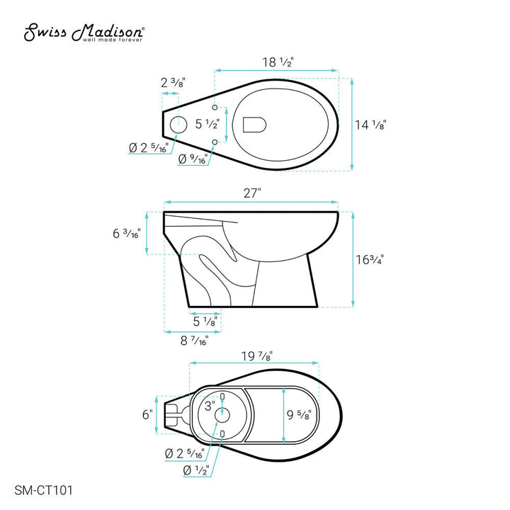 Sirene Floor-Mounted Comfort Height Commercial Elongated Top Flush Spud Flushometer Toilet Bowl