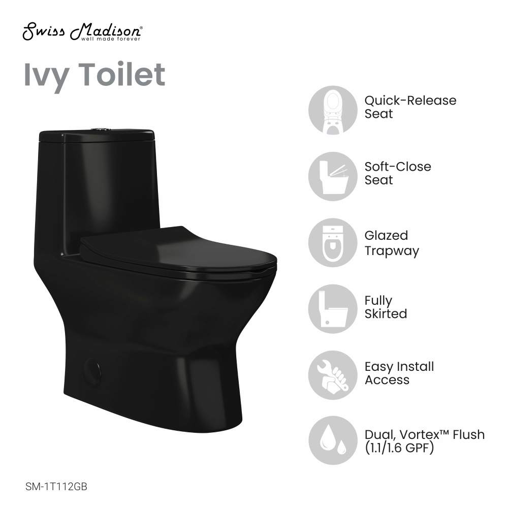 Ivy One Piece Toilet Dual Vortex Flush in Glossy Black 1.1/1.6 gpf