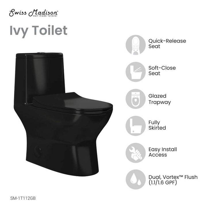 Ivy One Piece Toilet Dual Vortex Flush in Glossy Black 1.1/1.6 gpf